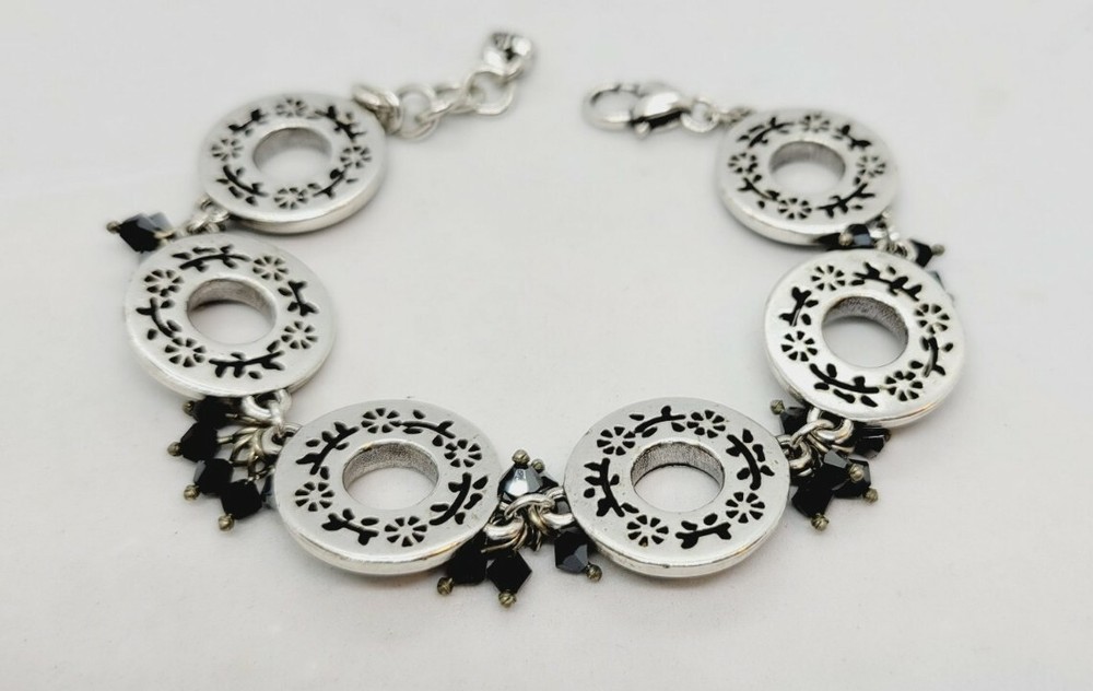 Brighton Floral Medallion Bracelet with Dangling Crystals Retired