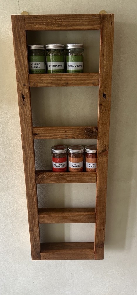 Narrow rustic Herb spice rack wall mounted 5 Tier Solid Reclaimed Wood Organiser
