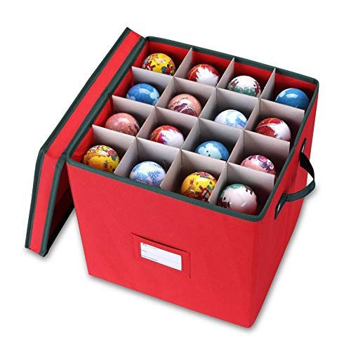Primode 12-Inch Red Christmas Ornament Storage Box with Dividers