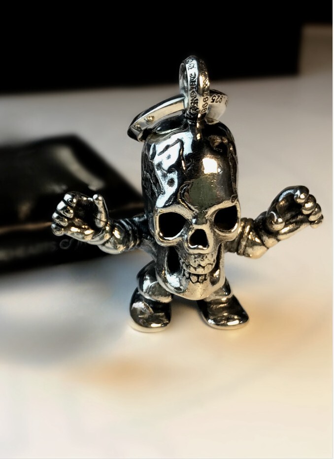 Chrome heart sterling silver oversize skull pendant