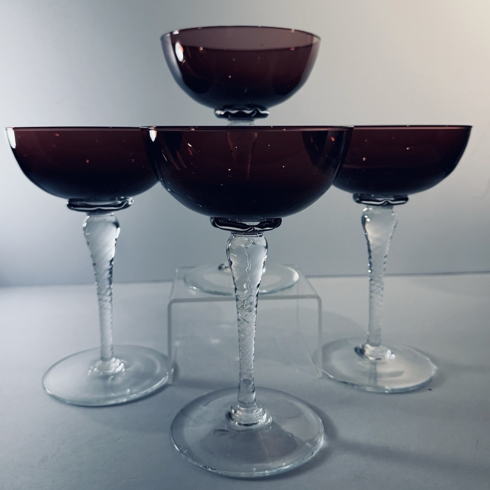 Blown Amethyst Coupe Glasses – Set of 4, Twisted Stem, Artisan Detail