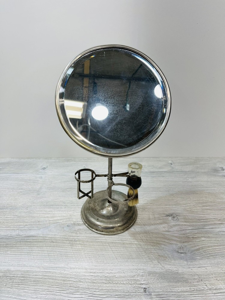 Antique Shaving Mirror / Stand with Brush 16” tall ✅📝