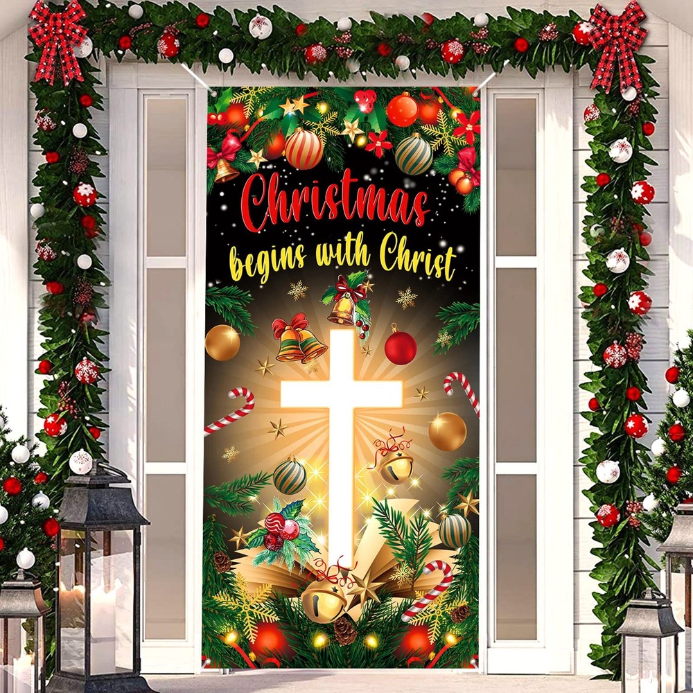 Christmas Cross Door Cover Nativity Cross Religious Door Decorations Banner C...
