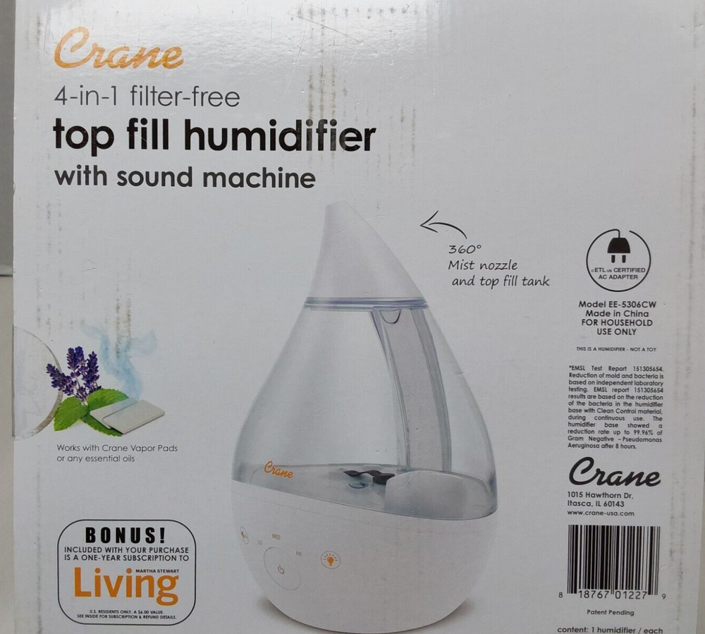 Crane 1 Gal. Top Fill Drop Cool Mist Humidifier with Sound Machine Clear White