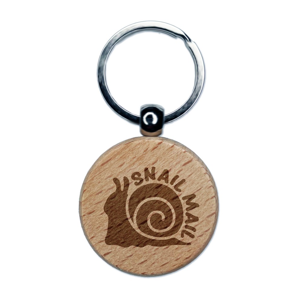 Snail Mail Engraved Wood Round Keychain Tag Charm