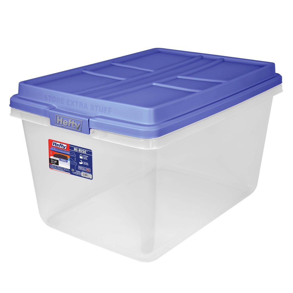 72 Quart Clear Plastic Storage Bin with Secure Blue Lid for Home Organization