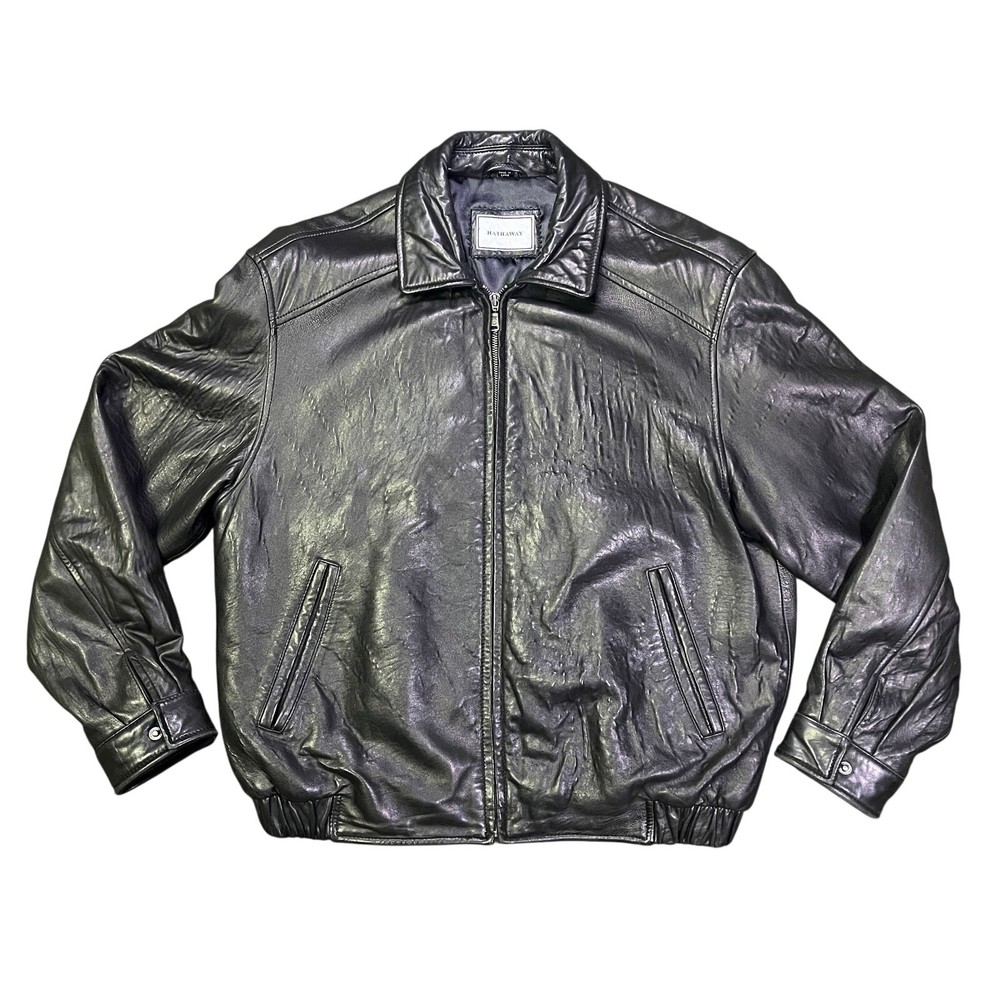 Vintage Hathaway Jacket Mens Large Black Leather Bomber Full Zip Biker Grunge