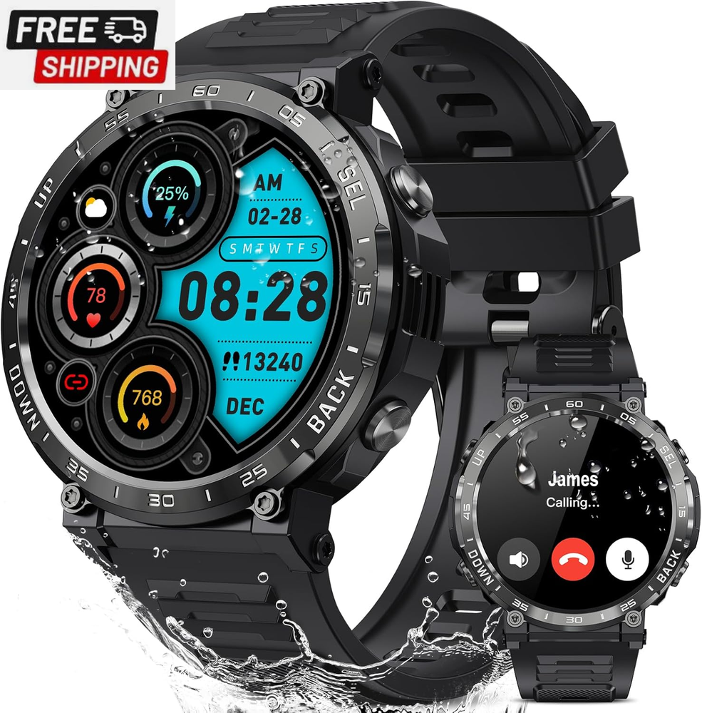 Rugged Military Smartwatch for Men - Call Feature, IP68 Waterproof, Step Counter