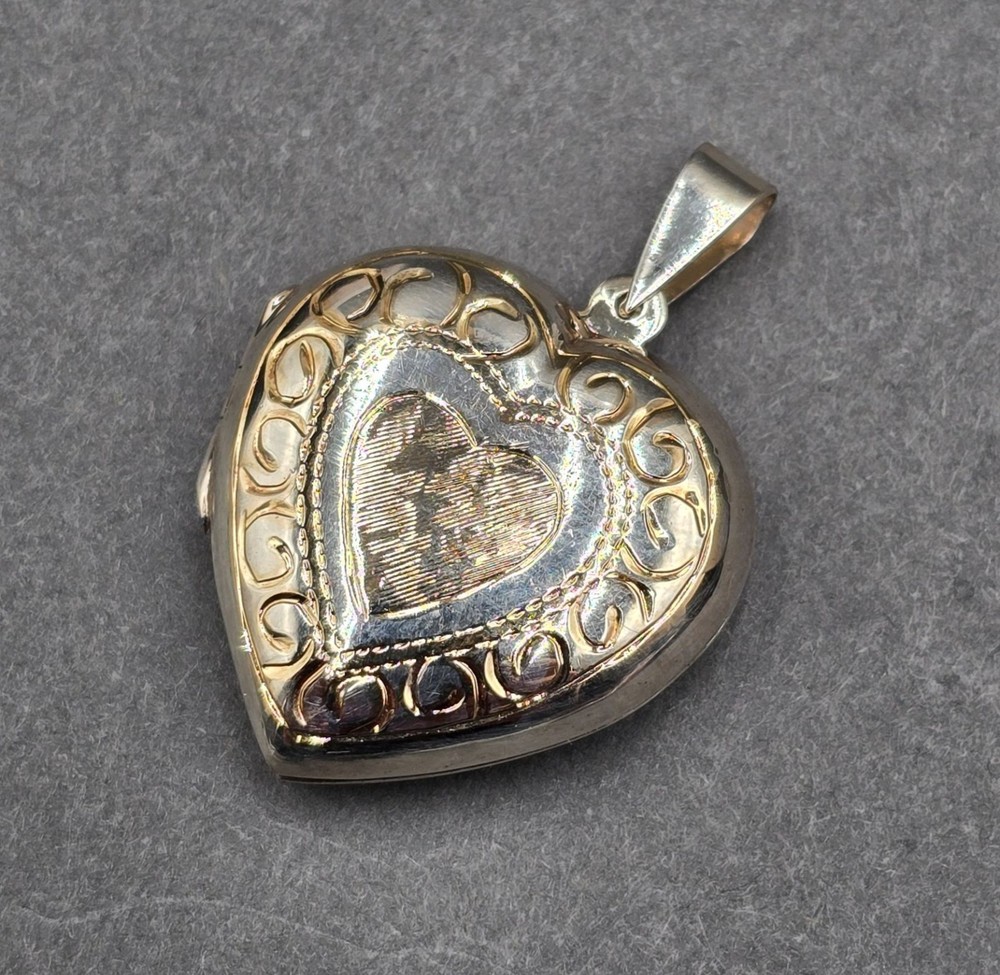 Vintage Sterling Silver Heart Locket Two Tone Gold Engraved Love Pendant YMA