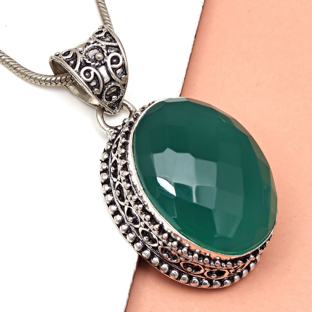 Green Onyx Gemstone Handmade Silver Pendant for Mother's Day 1.75 Inch