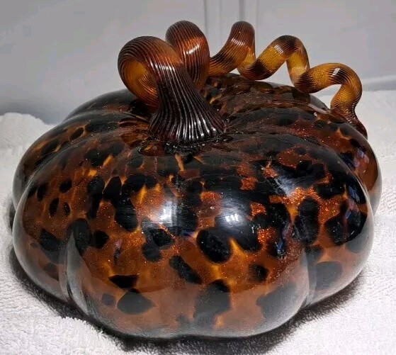 Tortoise Shell & Glitter Art Glass Hand Blown Pumpkin Swirled Stem Autumn Fall