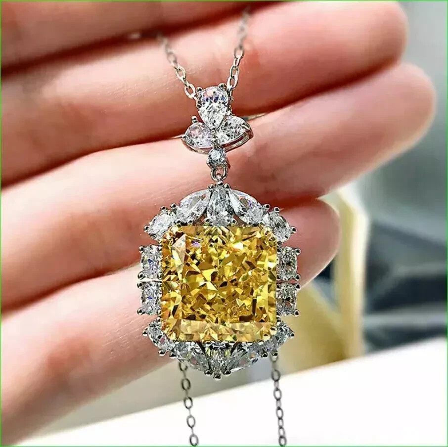 3Ct Asscher Cut Yellow Citrine Moissanite Halo Pendant in 14K White Gold