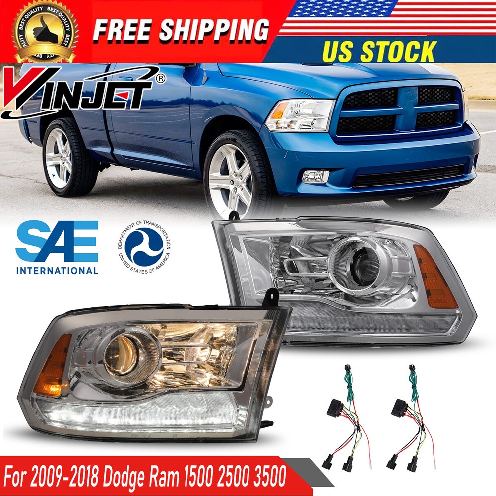 Headlights For 2009-2018 Dodge Ram 1500 2500 3500 LED DRL Chrome Projector Lamps