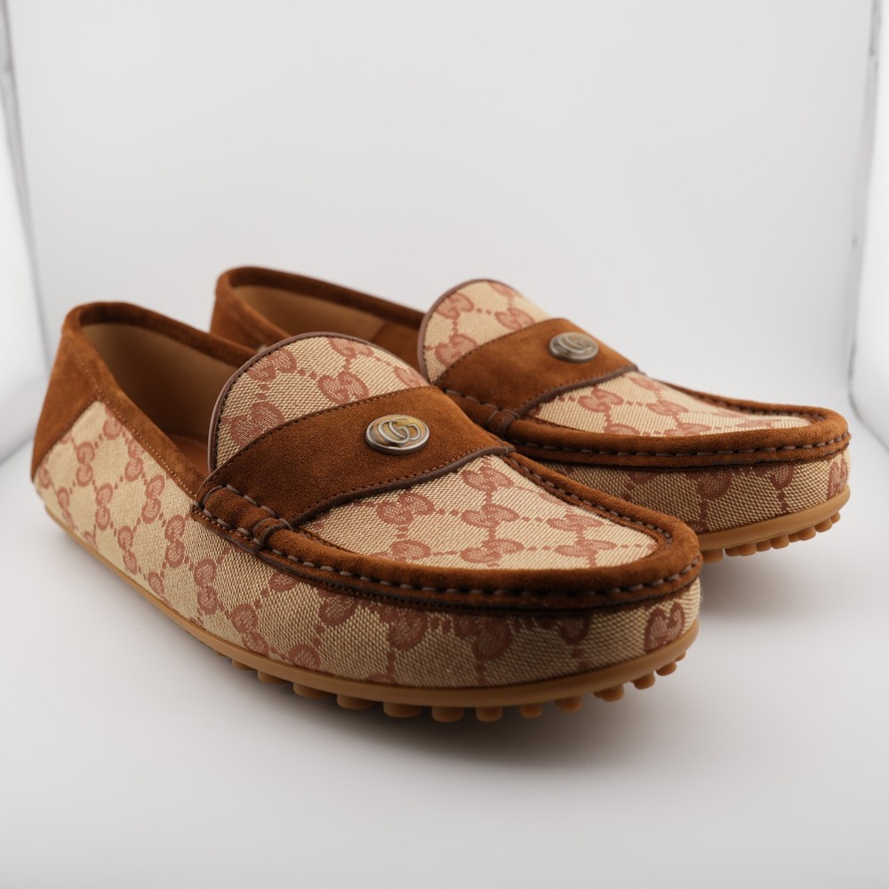 Gucci Driving Loafers Mocassins Boat Shoes GG Monogram Tan Suede Leather US 7.5