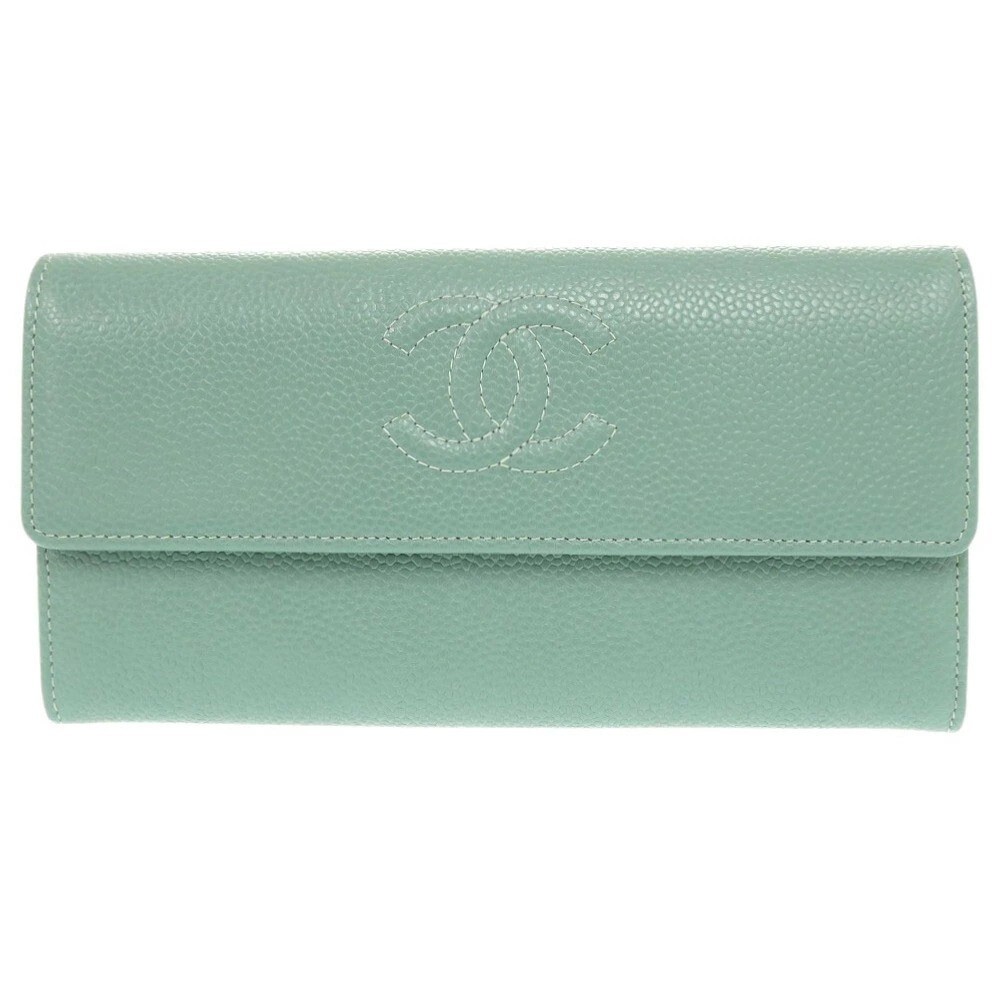 Authentic CHANEL Caviar Long Wallet Mint Green Silver Hardware 18-Series