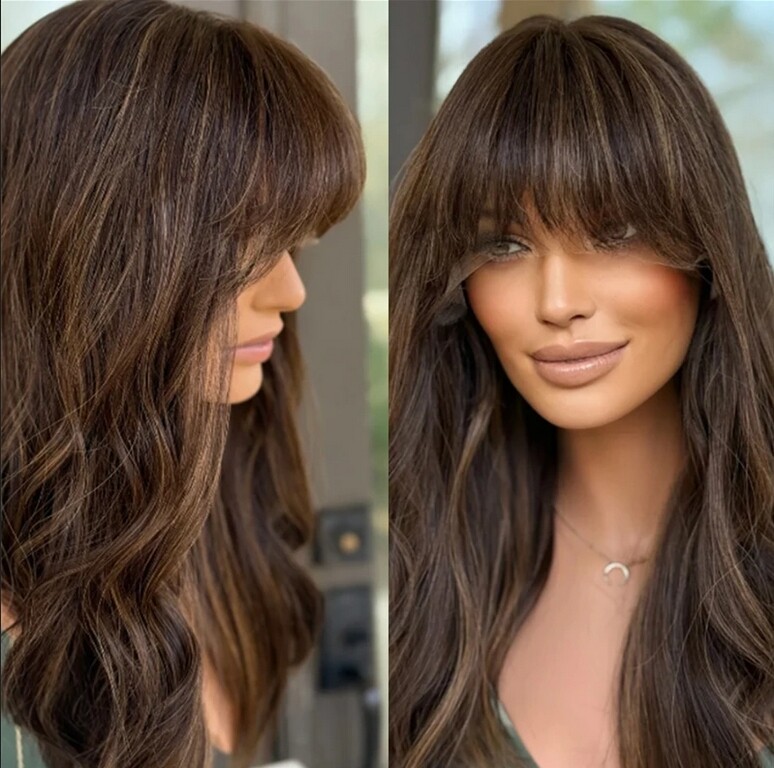 Brown Highlights Loose Wave Wig With Bangs 13x4 Lace Front Human Hair Wig