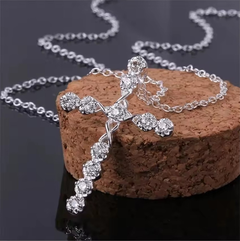 Silver Crystal Cross Pendant Necklace Women CZ Rhinestone Chain Jewelry