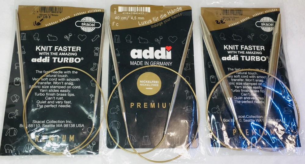 Addi Turbo Original 24” Circular Knitting Needles US 5 / US 15 Premium Gold Cord