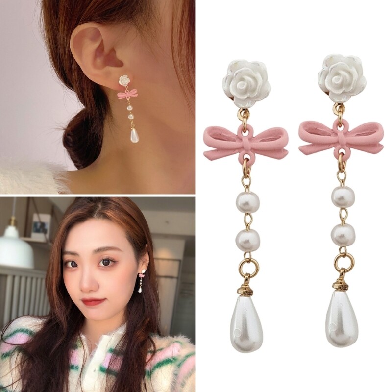 Imitation Pearl Tassel Bowknot Earrings for New Year Birthday Parties