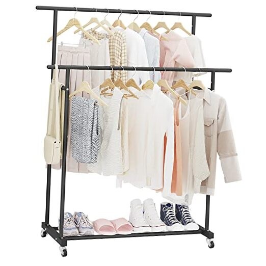 Double Rod Rolling Garment Rack Portable Hanging Clothes Organizer-image