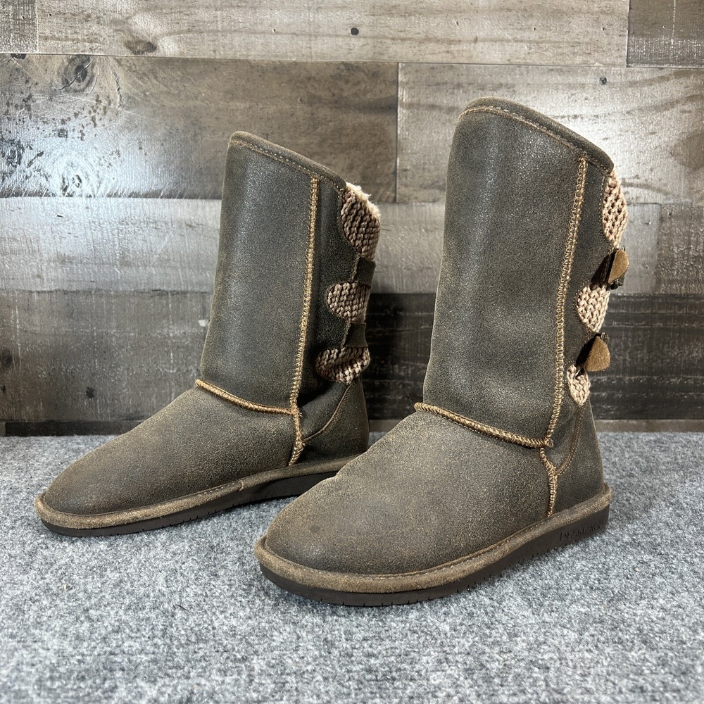 Bearpaw Boshie Knit Boots with Sheepskin Footbed Mid Calf Brown Women's Size 8