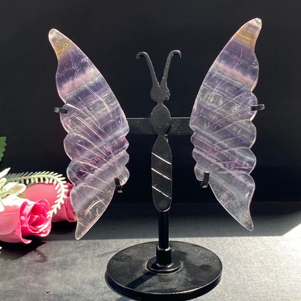 Natural Crystal Fluorite Butterfly Wings Healing Reiki Statue Decor + Stand