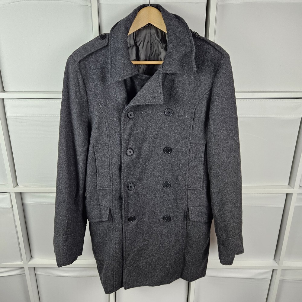 French Connection Grey Wool Blend Peacoat Size 42 M/L Double Breasted Winter Coat