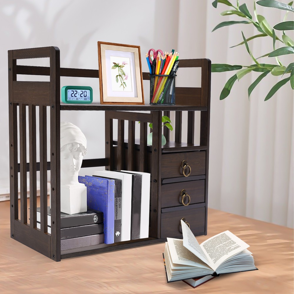 3-Drawer Bamboo Desktop Organizer Shelf for Books & Office Supplies  