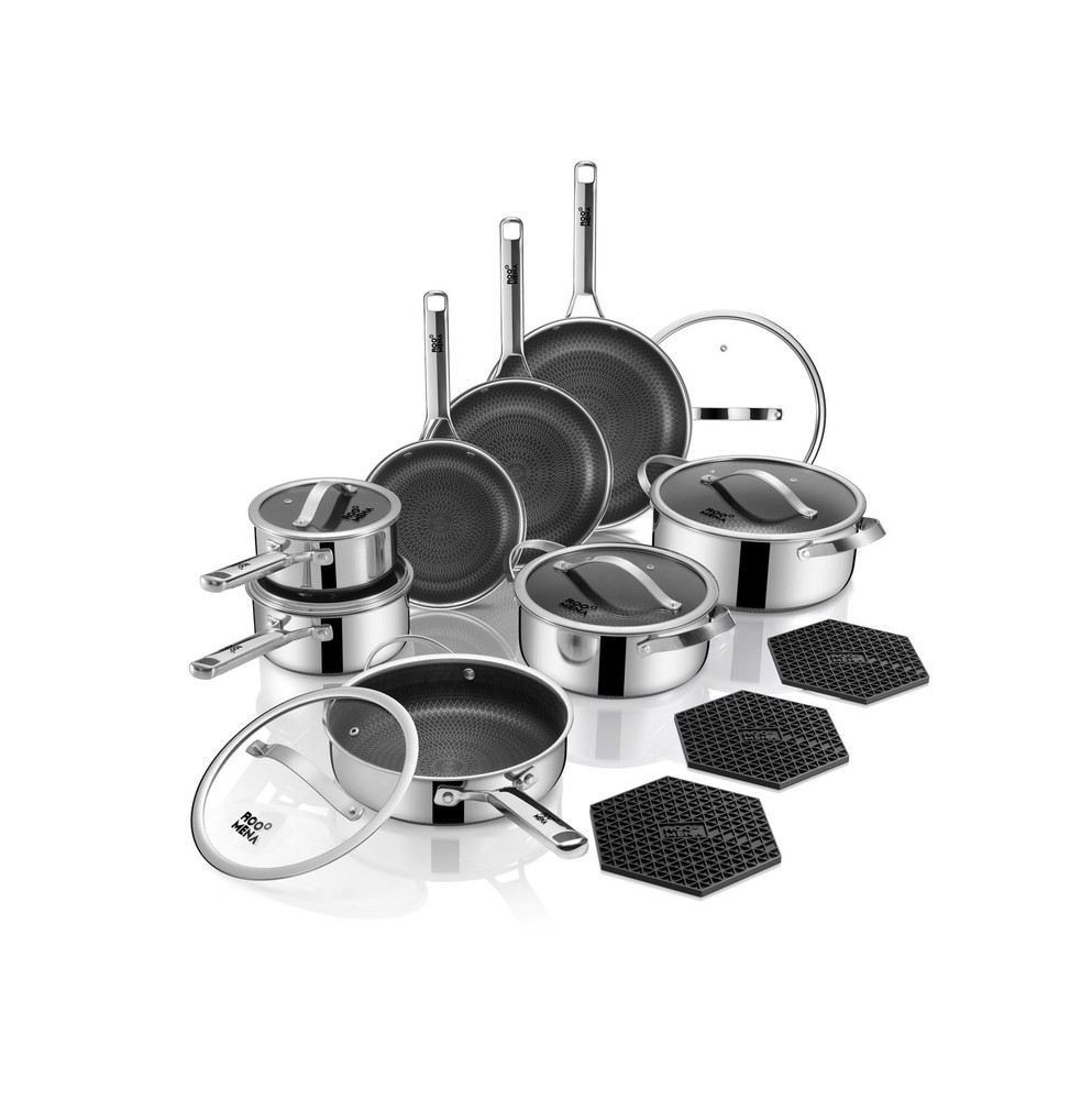 Pots and Pans Set Hybrid Stainless Steel, 17PC Nonstick Tri-Ply Cookware Set ...