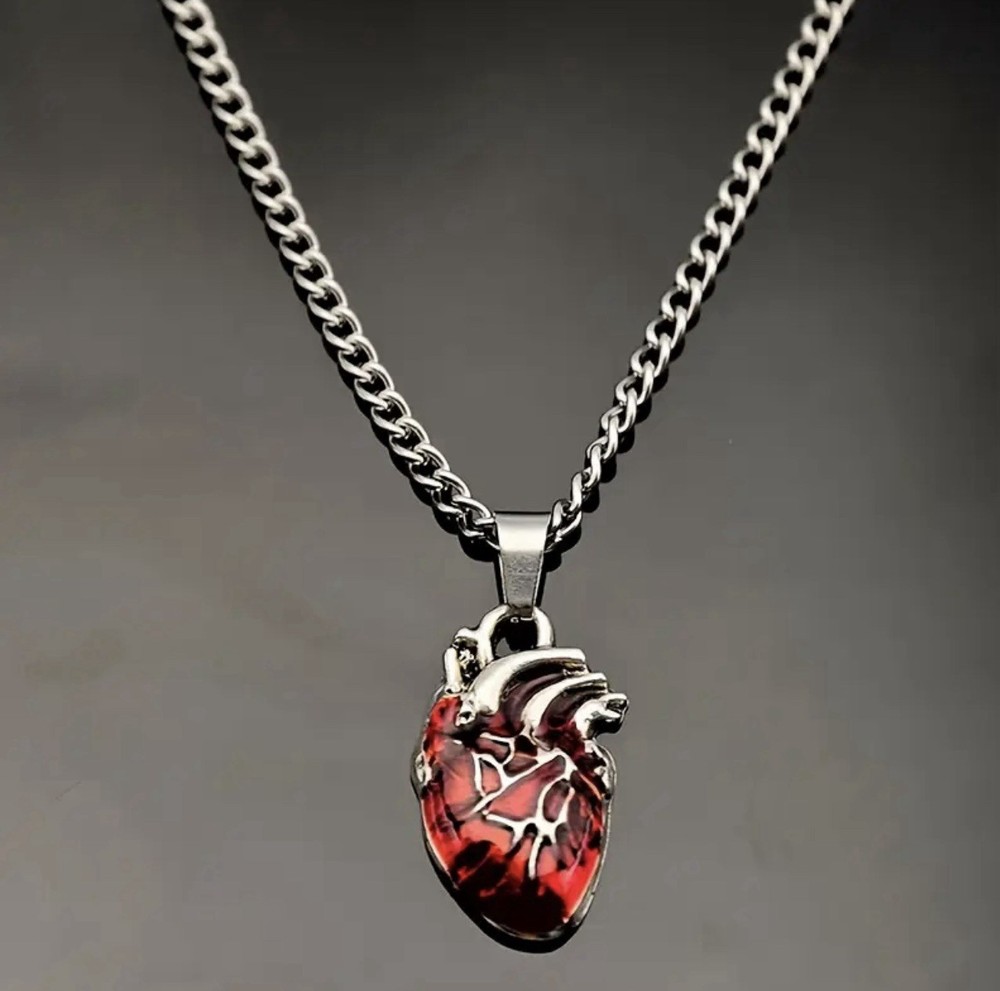 Anatomical Heart Necklace Red Crystal Pendant Punk Gothic Stainless Steel Gift