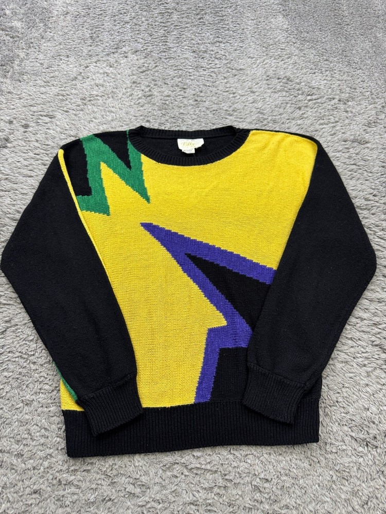 Vtg Lilly of California Sweater Women Large Yellow Colorblock Crewneck Pullover