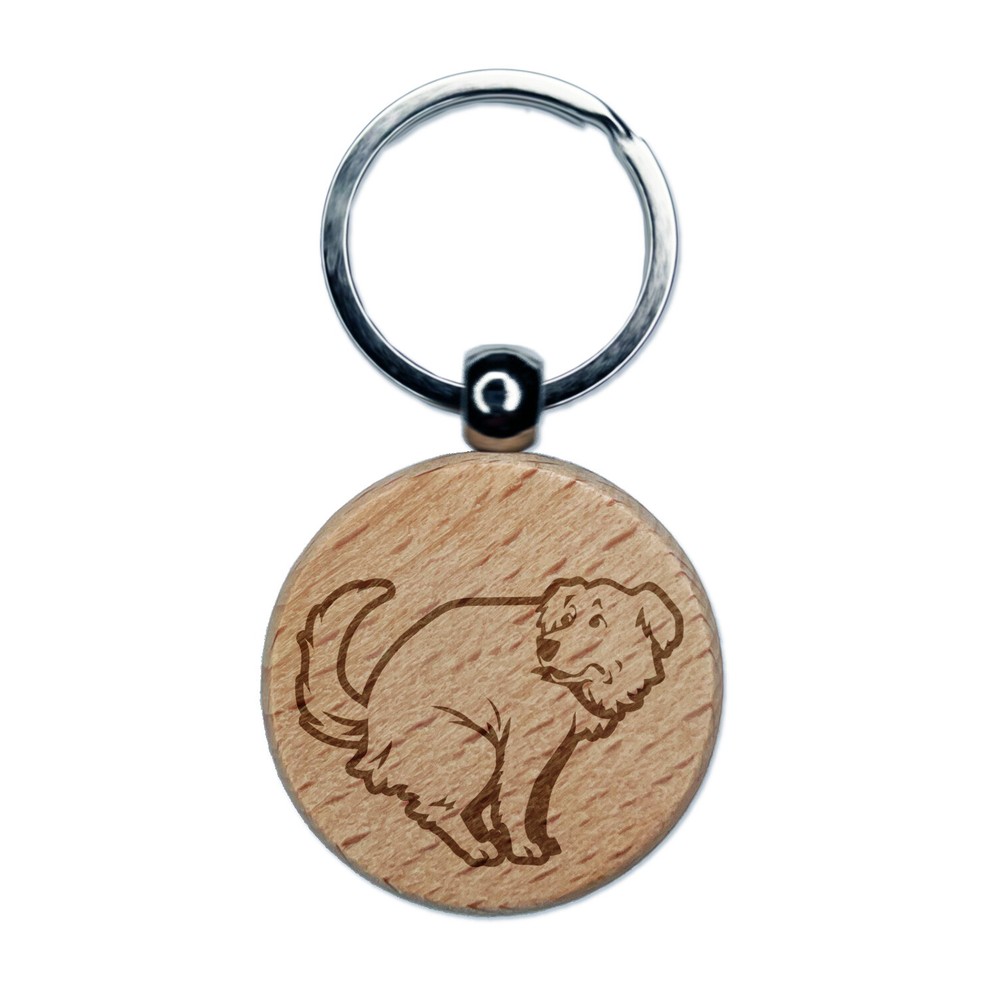 Dog Squat Poop Golden Retriever Engraved Wood Round Keychain Tag Charm
