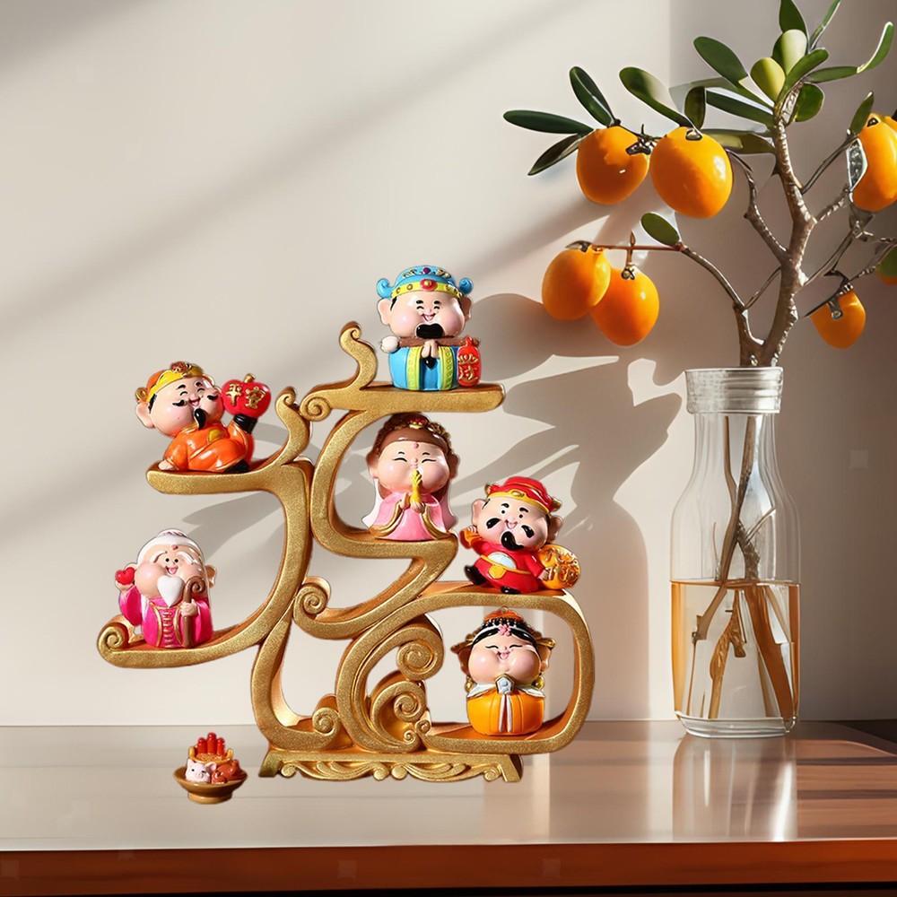 6Pcs Fortune Gods Figurines with Offerings Desk Chinese New Year Decoration-image