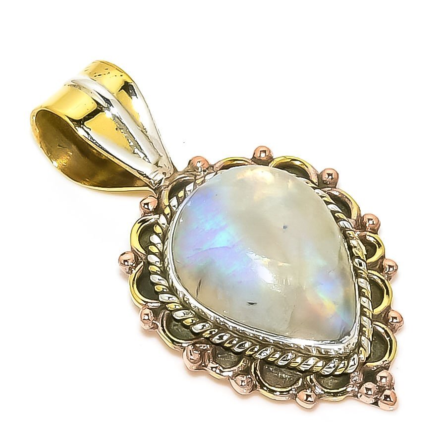 Natural Rainbow Moonstone Two Tone 925 Solid Sterling Silver Pendant 1.50''