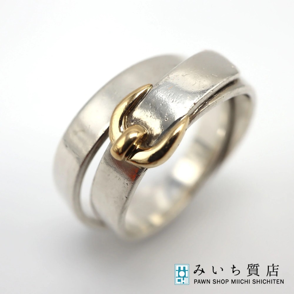 Hermes Belt Motif Double Ring 10.5g 750 Gold 925 Silver Used