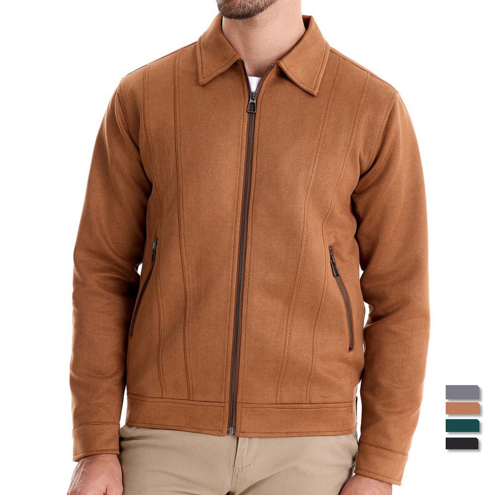 Men's Lightweight Suede Bomber Jacket - Sporty Zippered Windbreaker Coat