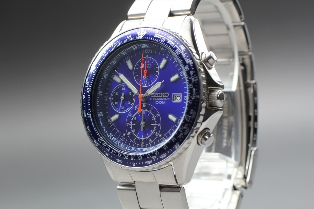 NEAR MINT Seiko 7T92-0CF0 Blue Dial Chronograph Mens Quartz Watch Japan