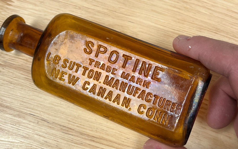 Vintage Rare SPOTINE  amber Bottle LB Sutton Manufacturer New Canaan Conn