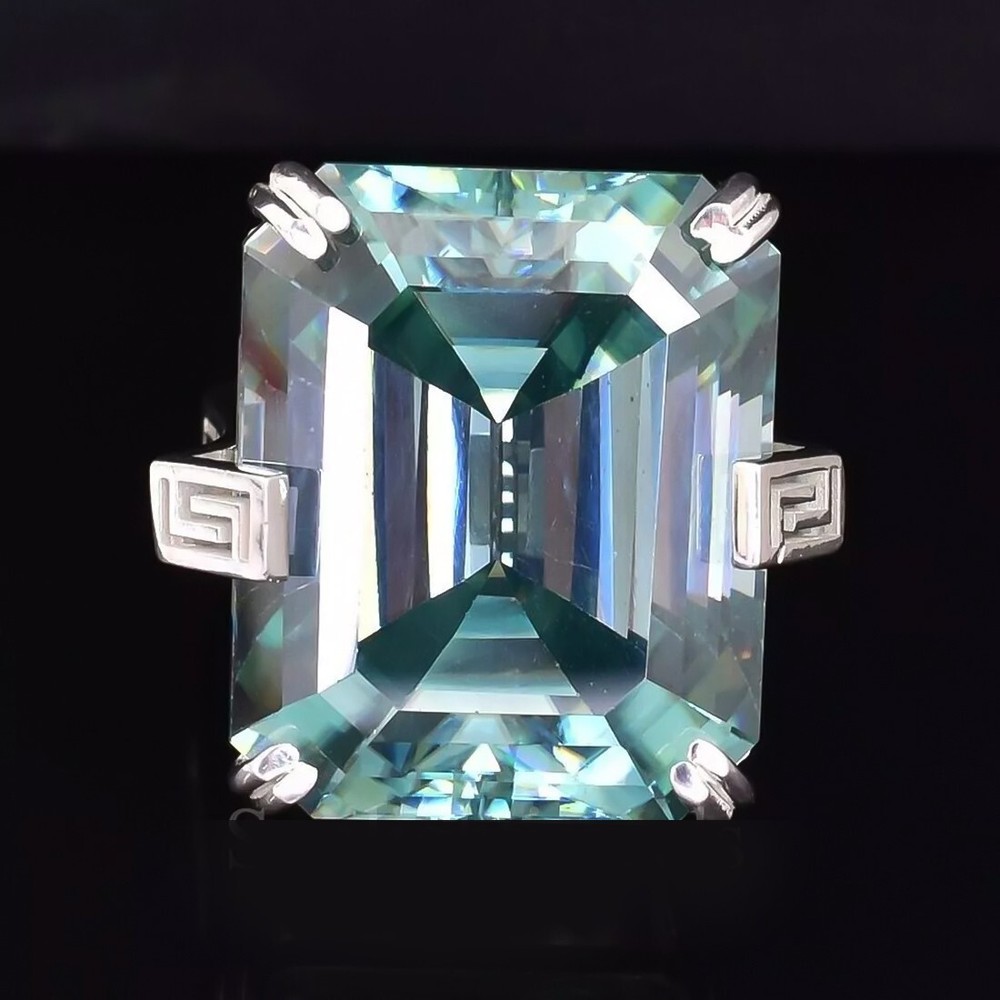 18.60 Ct Emerald Cut Blue Diamond Ring in 925 Silver July Gift