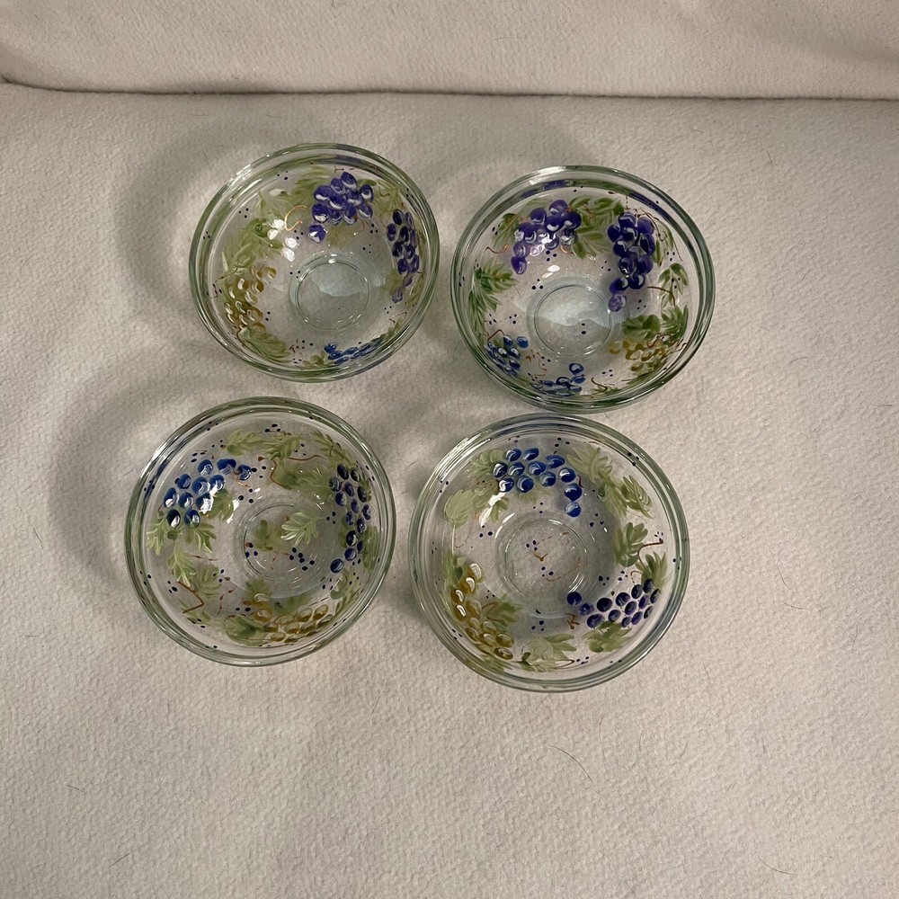 Hand Painted Clear Glass Prep Dip Sauce Bowls- Grapevines  Set 4
