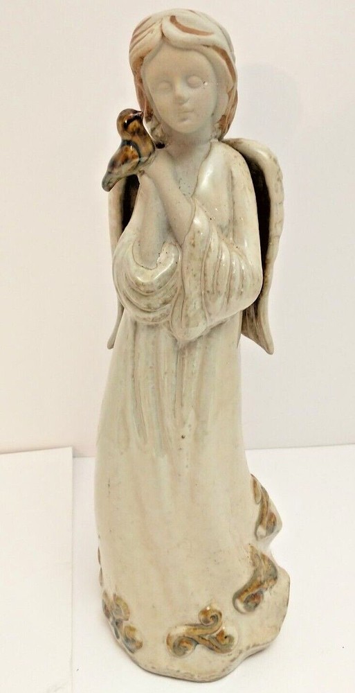 Ceramic Angel Figurine with Bird in Neutral Tones 12.5 Inch Seasonal Decor-image