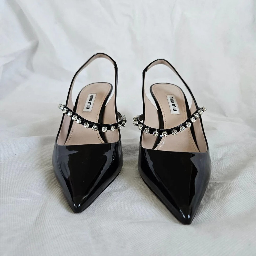 Miu Miu Black Patent Leather Crystal Strap Slingback Pumps Shoes, 38