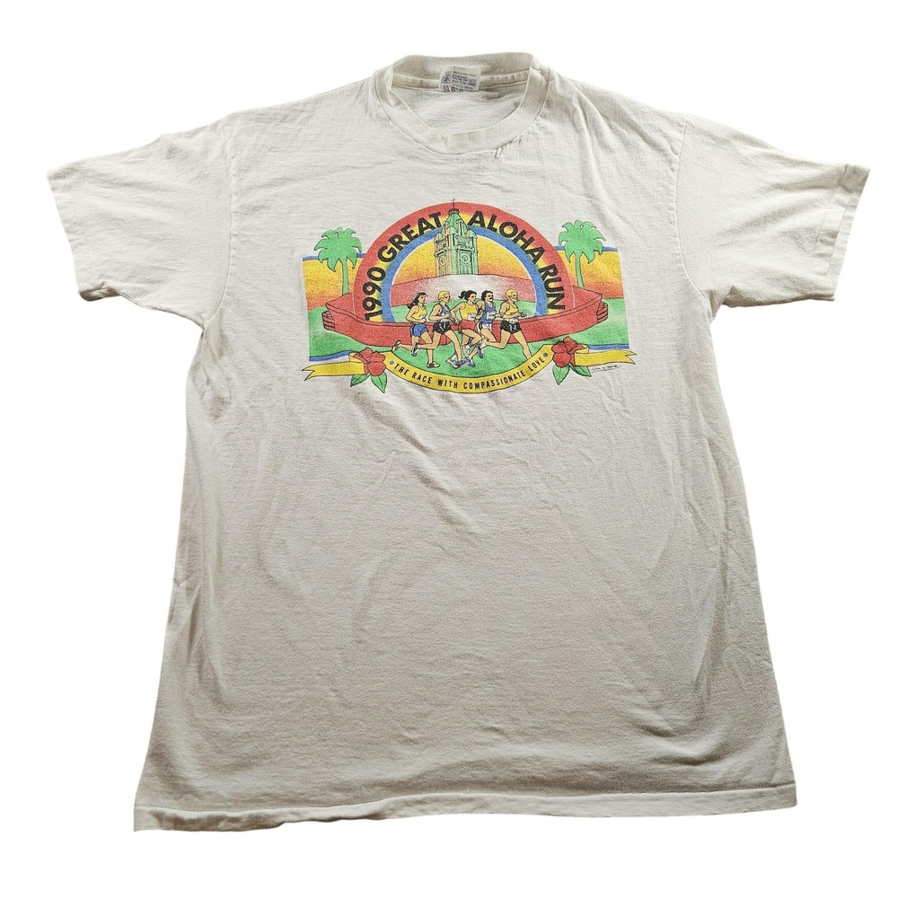 Vintage Great Aloha Run Shirt Mens Large White 1990 Hawaii Race Tee Runner 90s