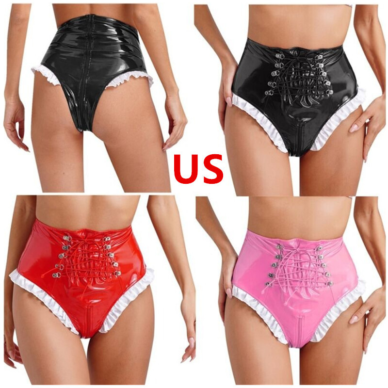US Women's PVC Leather Shorts Underwear Wet Look Zipper Crotch Briefs Panties