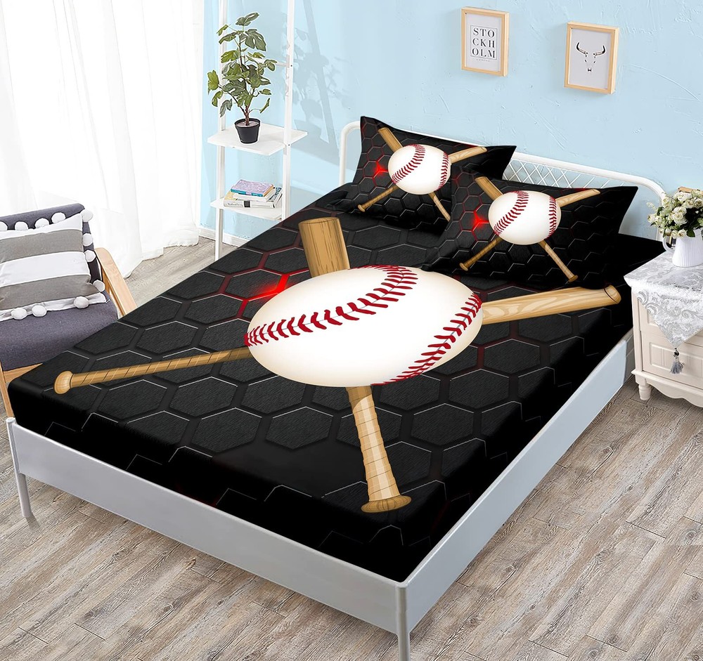 Baseball Fitted Sheet Set for Boys Teens Bedroom Decor,Boys Sports Cool Baseb...