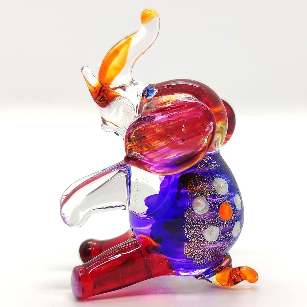 Elephant Sit Miniature Tiny Figurines Hand Painted Blown Glass Art Home Déc