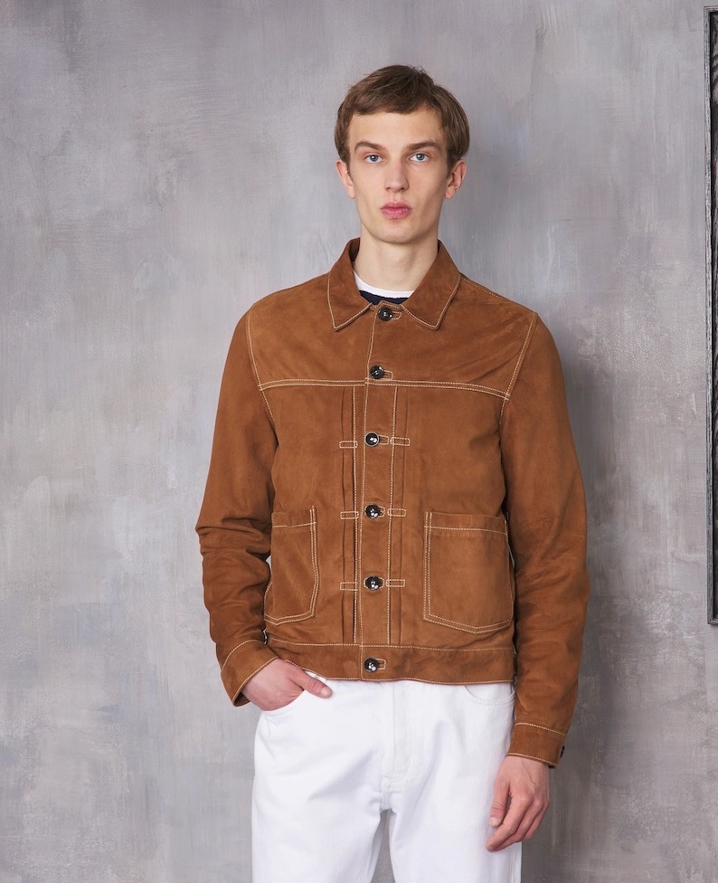 Men's Premium Brown Suede Leather Jacket – Handmade Stylish Coat