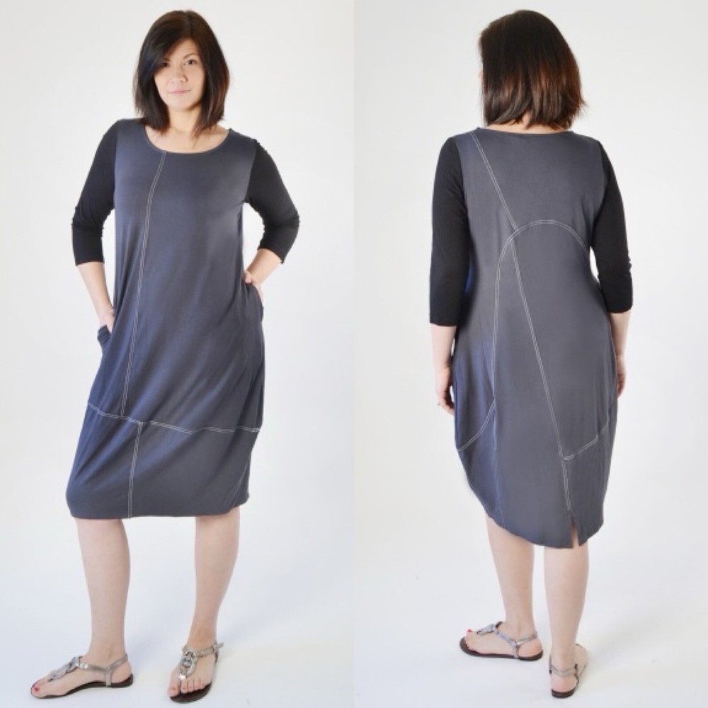 Alembika Exposed Seam Dress Lagenlook relaxed Sz 3 10-12 US Gray Black 3/4 Slv