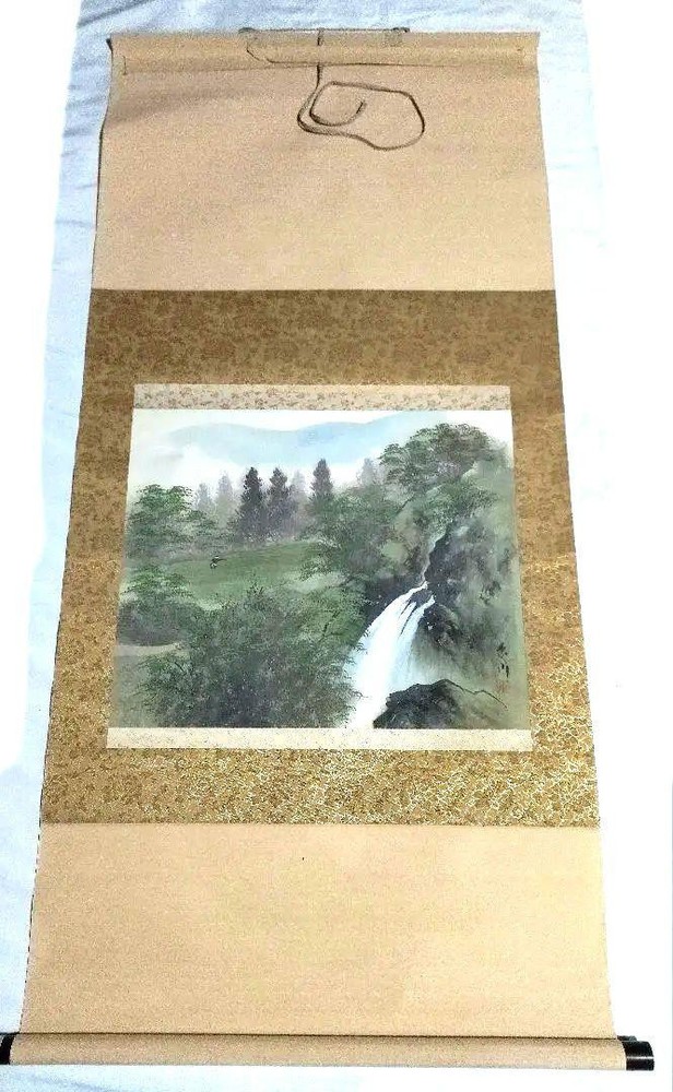 Hanging Scroll, Hand-Painted Blue-Green Landscape Map, Sogawa, Signature, Seal,