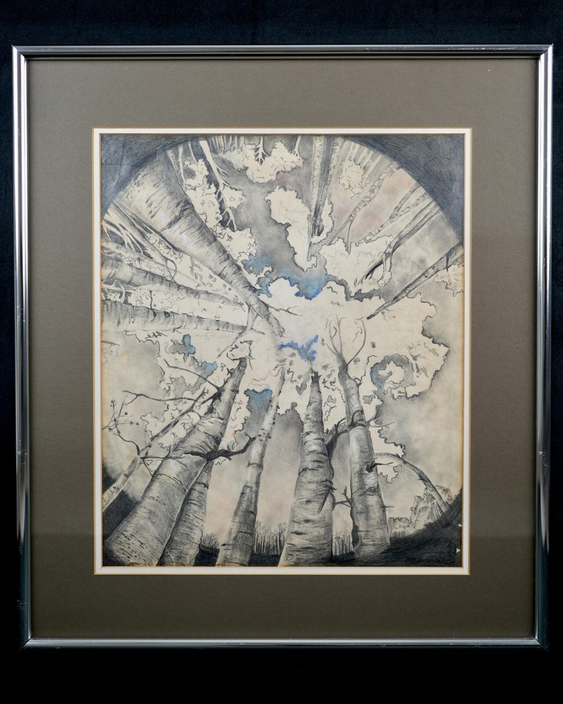 Vintage Framed Original Landscape Charcoal Painting 